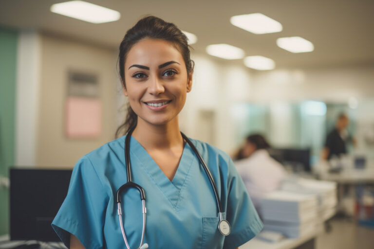 Médica sorridente usando jaleco e estetoscópio, representando profissionais de saúde em um ambiente clínico.